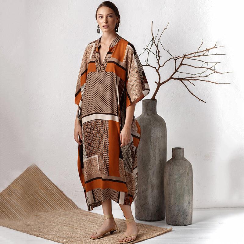 Brown Flower Block Loose Sunscreen Dress - Amazitshop