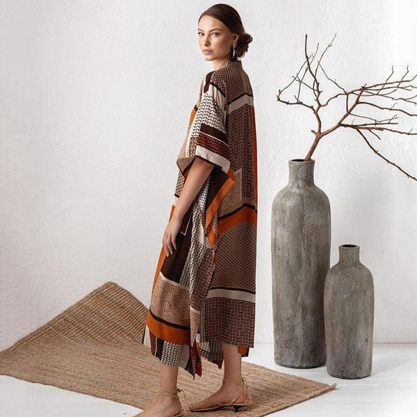 Brown Flower Block Loose Sunscreen Dress - Amazitshop