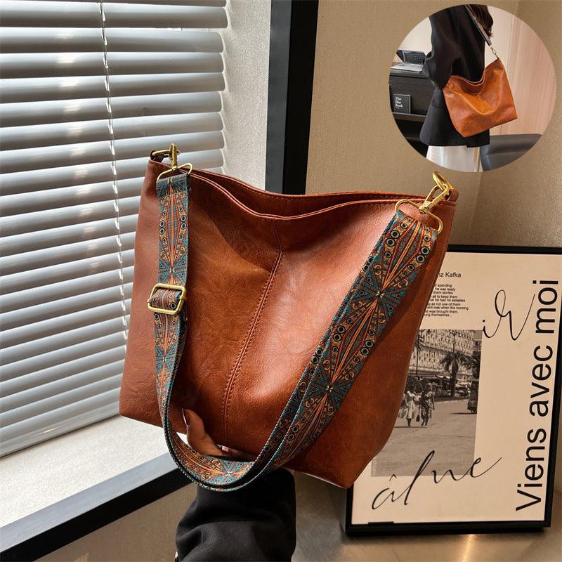 Bucket Bag Retro Print Wide Shoulder Strap Messenger Shoulder Bags Solid Color Shopping Daily Commuter Handbag - Amazitshop