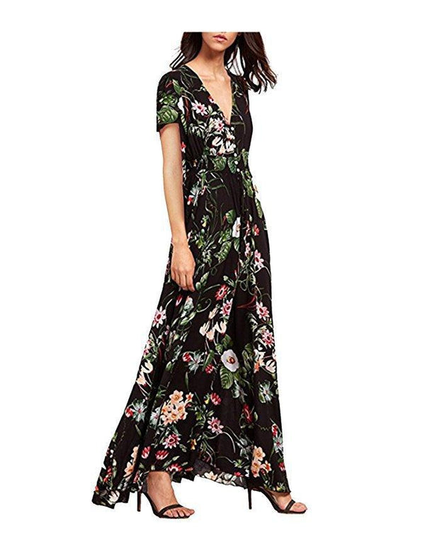 Button Floral Beach Bohemian Maxi Dresses - Amazitshop