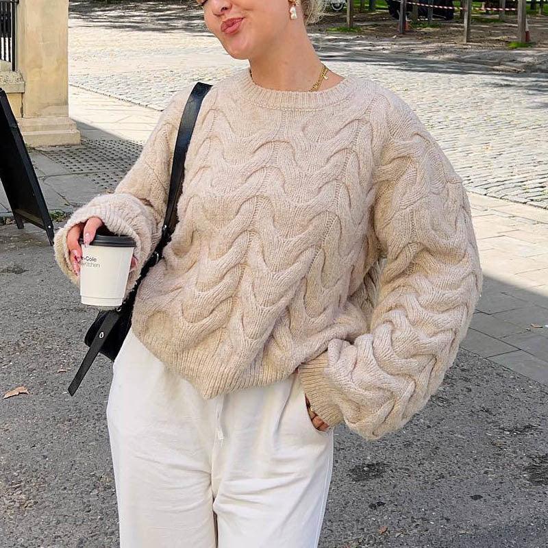 Cable - knit Sweater Round Neck Pullover Loose - Amazitshop