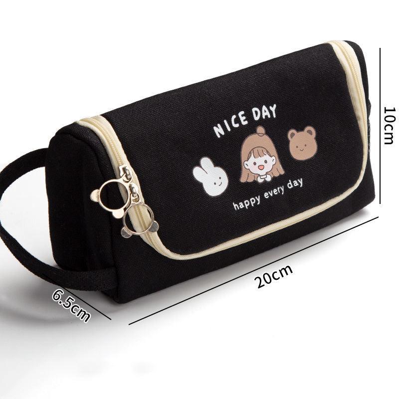 Canvas Pencil Case Large Capacity Simple Girl Japanese Cute Girl Heart Stationery Box Korean Pencil Case Multi - function - Amazitshop