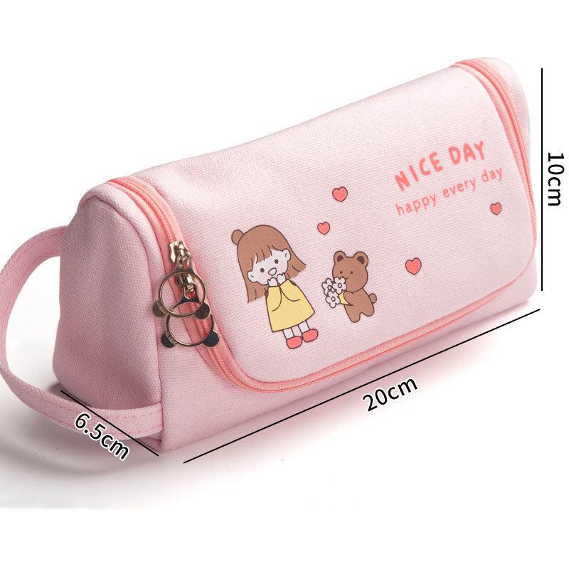 Canvas Pencil Case Large Capacity Simple Girl Japanese Cute Girl Heart Stationery Box Korean Pencil Case Multi - function - Amazitshop