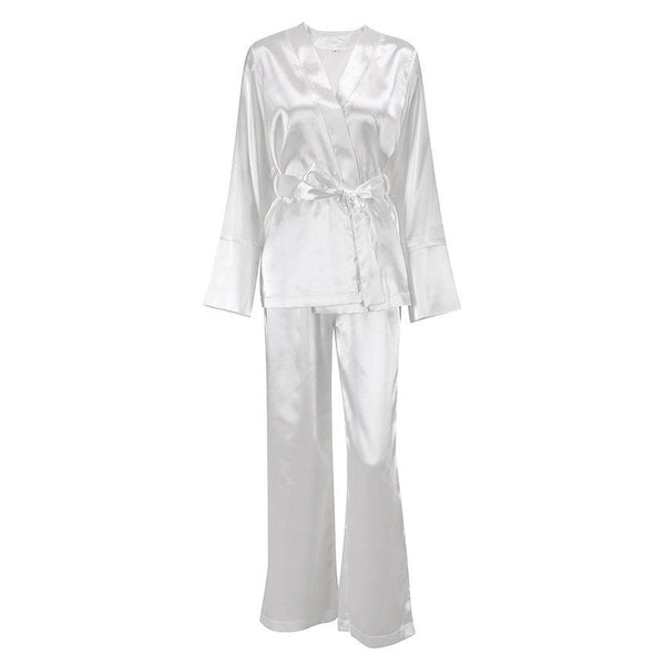 Cardigan Strap Ice Silk Robe Blouse And Pants Pajamas For Women - Amazitshop