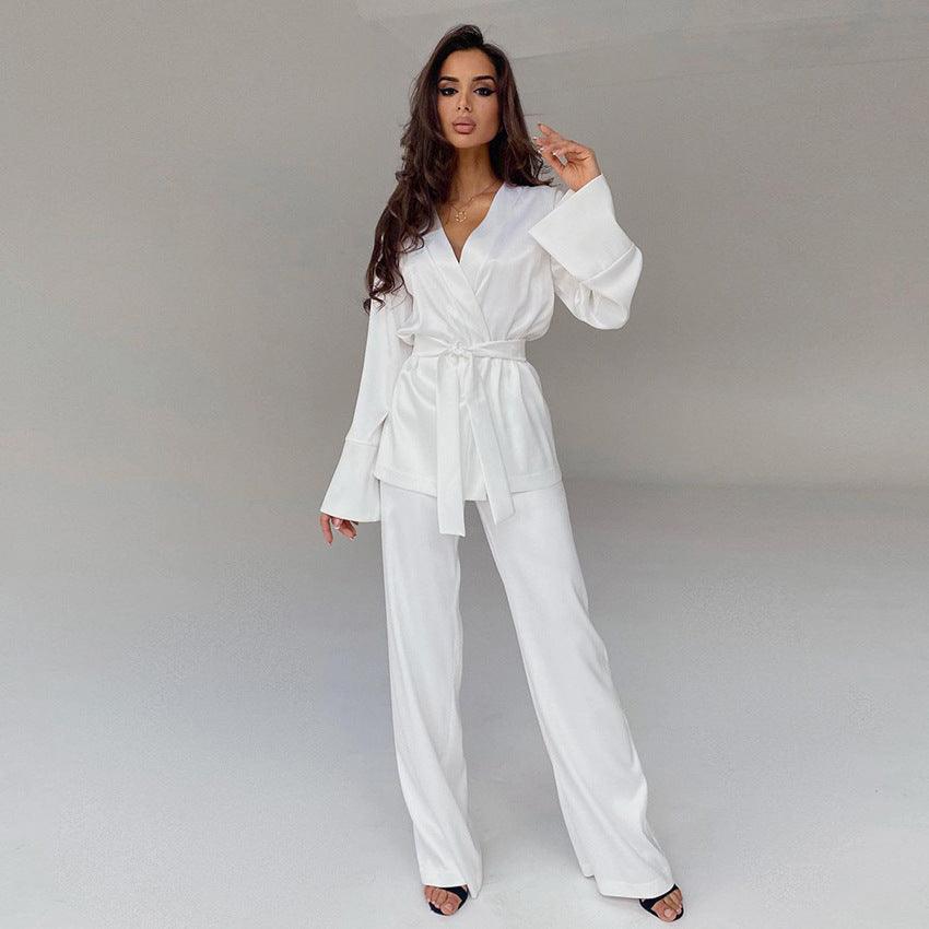 Cardigan Strap Ice Silk Robe Blouse And Pants Pajamas For Women - Amazitshop