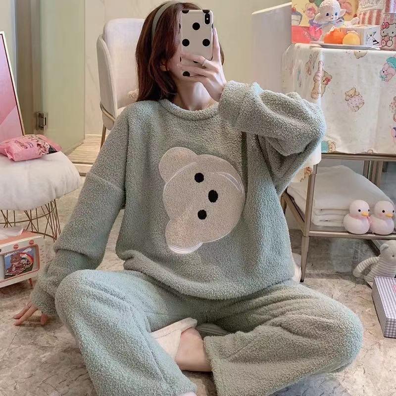 Cartoon Print Pajamas Sets Winter Warm Long Sleeve Sleepwear Home Nightclothes Women - Amazitshop