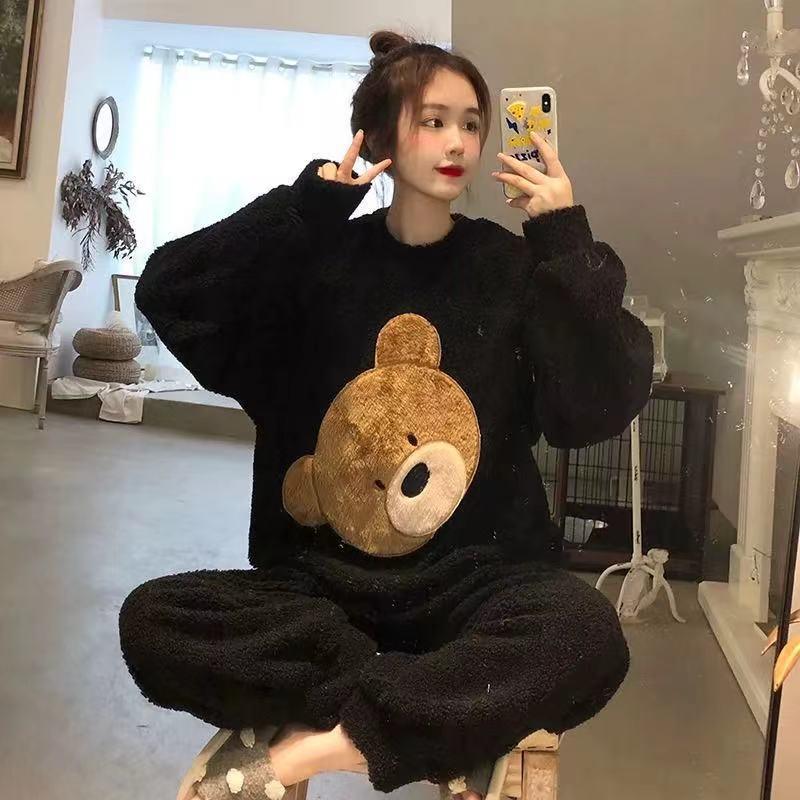 Cartoon Print Pajamas Sets Winter Warm Long Sleeve Sleepwear Home Nightclothes Women - Amazitshop