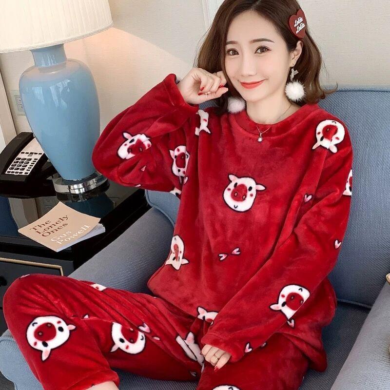 Cartoon Print Pajamas Sets Winter Warm Long Sleeve Sleepwear Home Nightclothes Women - Amazitshop