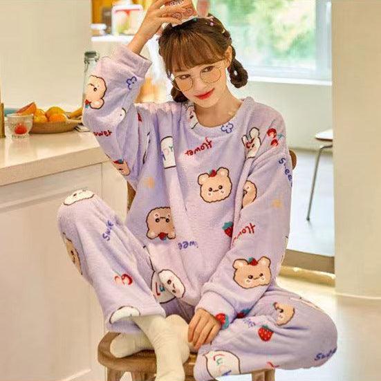Cartoon Print Pajamas Sets Winter Warm Long Sleeve Sleepwear Home Nightclothes Women - Amazitshop