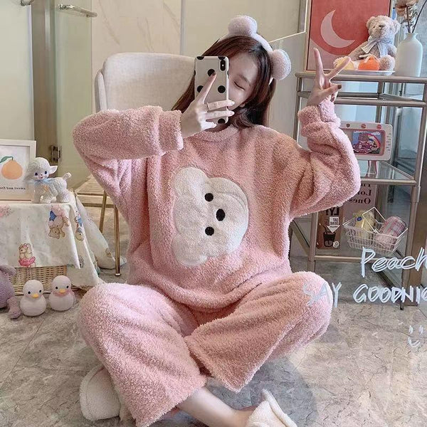 Cartoon Print Pajamas Sets Winter Warm Long Sleeve Sleepwear Home Nightclothes Women - Amazitshop