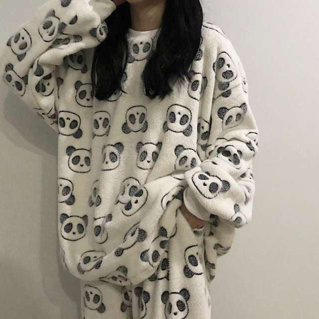 Cartoon Print Pajamas Sets Winter Warm Long Sleeve Sleepwear Home Nightclothes Women - Amazitshop