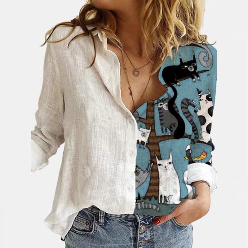 Cartoon Print Stitching Lapel Long - sleeved Button Blouse Women - Amazitshop