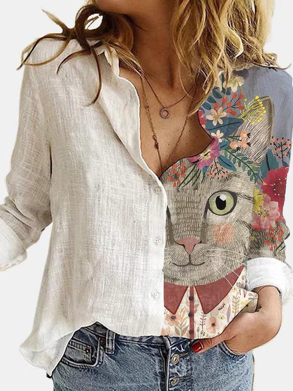 Cartoon Print Stitching Lapel Long - sleeved Button Blouse Women - Amazitshop