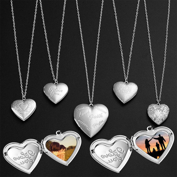Carved Design Love Necklace Personalized Heart - shaped Photo Frame Pendant Necklace For Women Family Jewelry For Valentine's Day - Amazitshop