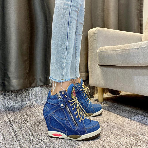 Casual Denim Lace - Up Booties Increase In Height - Amazitshop