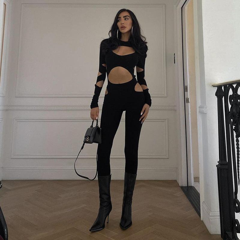Casual Hollow Out Navel Long - sleeved Slim Jumpsuit - Amazitshop