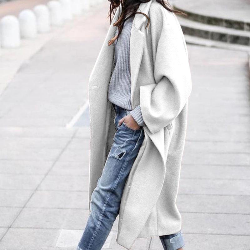 Casual Long Jacket With Pockets Solid Color Single Breasted Lapel Woolen Coat For Women Warm Winter Clothing - Amazitshop