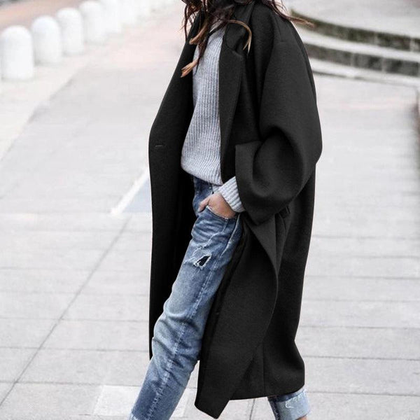 Casual Long Jacket With Pockets Solid Color Single Breasted Lapel Woolen Coat For Women Warm Winter Clothing - Amazitshop