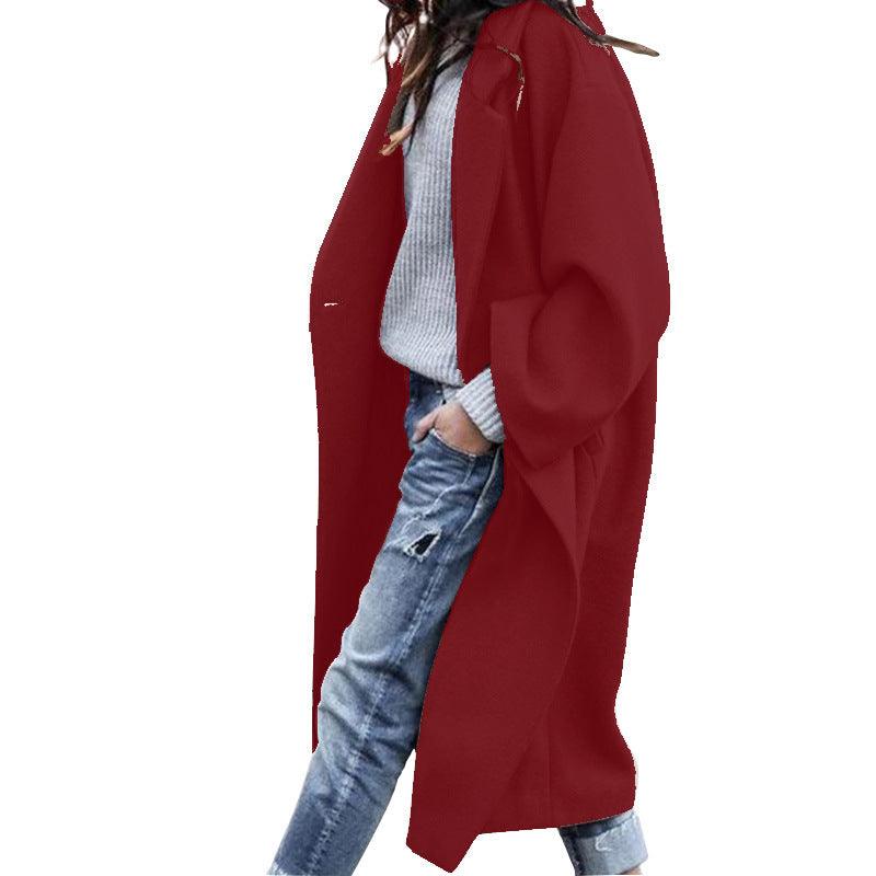 Casual Long Jacket With Pockets Solid Color Single Breasted Lapel Woolen Coat For Women Warm Winter Clothing - Amazitshop