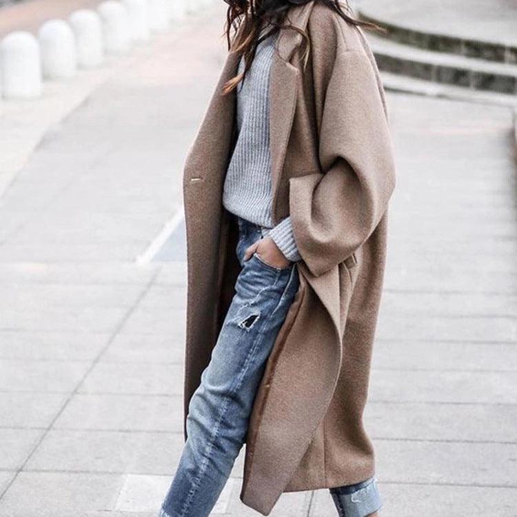 Casual Long Jacket With Pockets Solid Color Single Breasted Lapel Woolen Coat For Women Warm Winter Clothing - Amazitshop
