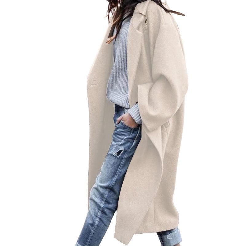 Casual Long Jacket With Pockets Solid Color Single Breasted Lapel Woolen Coat For Women Warm Winter Clothing - Amazitshop