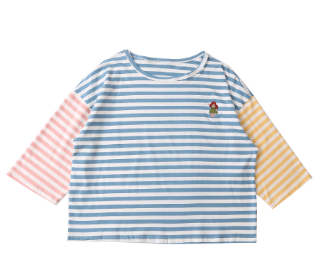 Casual Loose Women Striped T-shirt Spell Color Muppet Embroidery O k Three Quarter Sleeve Femme Loose Tshirt Tees Tops Cotton - Amazitshop