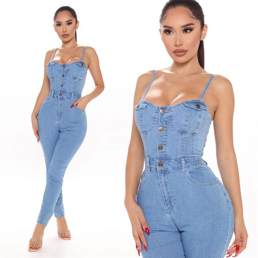 Casual Nightclub Women's High Elastic Denim Jumpsuit Summer - Amazitshop
