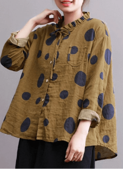 Casual Polka Dot Print Stand Collar Loose Women Blouses - Amazitshop