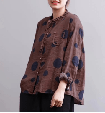 Casual Polka Dot Print Stand Collar Loose Women Blouses - Amazitshop
