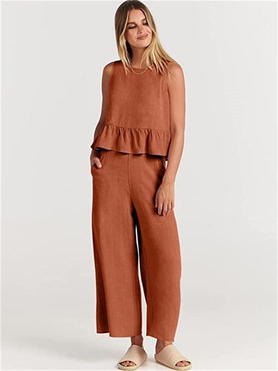 Casual Suit Summer Sleeveless Pleated Vest And Wide - leg Cropped Pants Fashion Two Piece Sets Women - Amazitshop