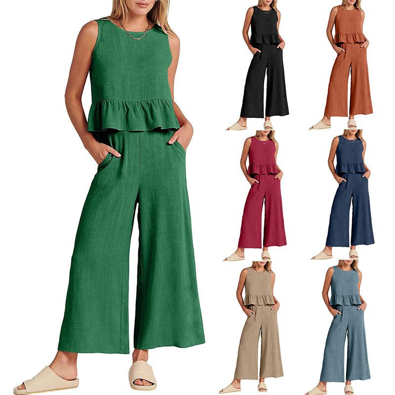 Casual Suit Summer Sleeveless Pleated Vest And Wide - leg Cropped Pants Fashion Two Piece Sets Women - Amazitshop