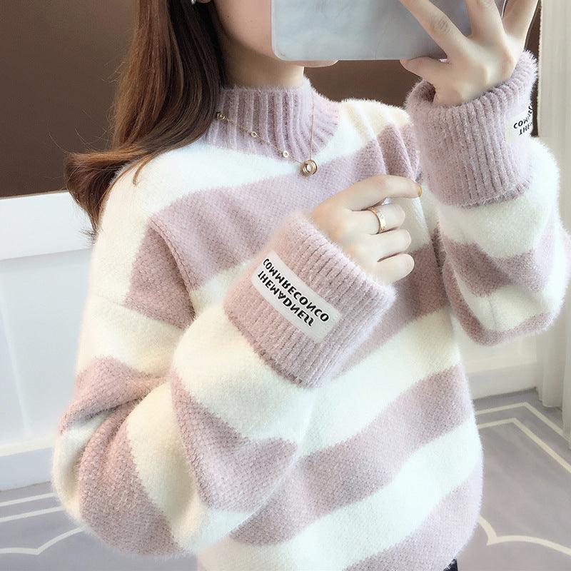 Chenille Stripe Thickening Sweater Women's Autumn And Winter Loose - Amazitshop