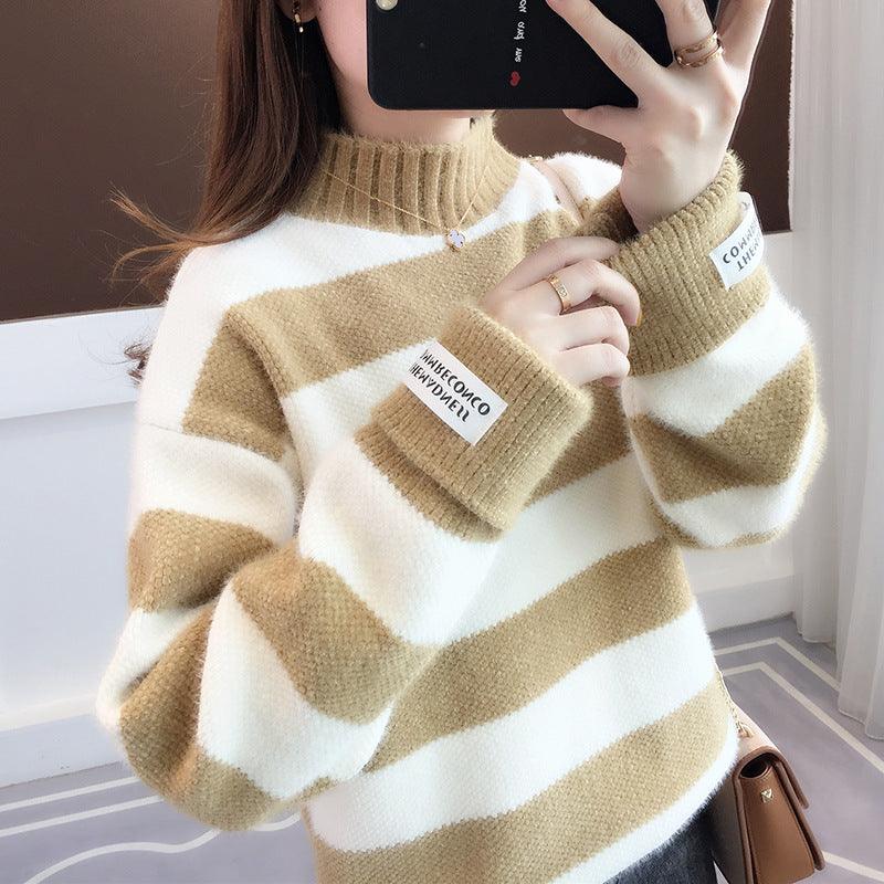 Chenille Stripe Thickening Sweater Women's Autumn And Winter Loose - Amazitshop