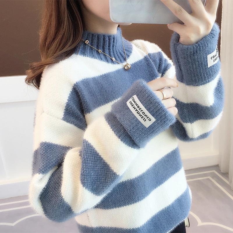 Chenille Stripe Thickening Sweater Women's Autumn And Winter Loose - Amazitshop