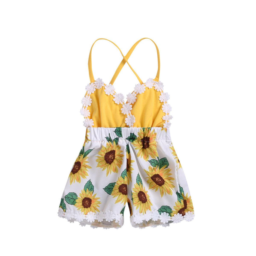 Children's Clothing Girls Baby Jumpsuits Children Sunflower Sling Lace Jumpsuit - Amazitshop
