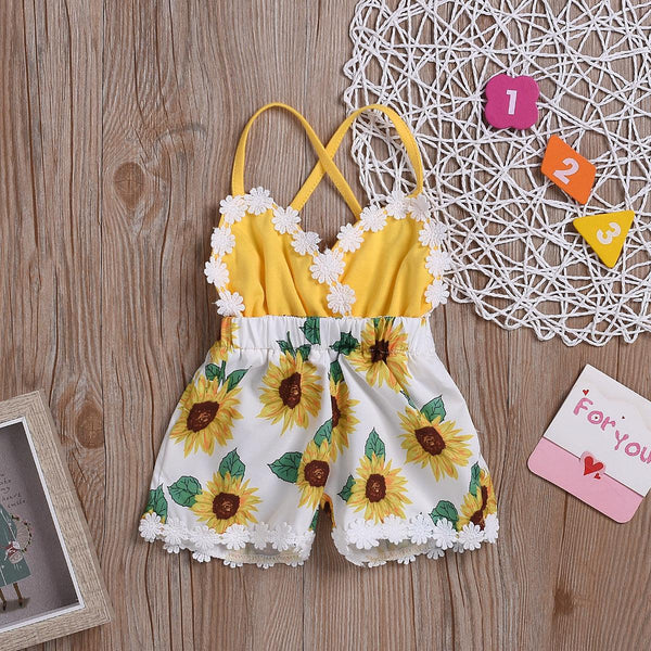 Children's Clothing Girls Baby Jumpsuits Children Sunflower Sling Lace Jumpsuit - Amazitshop