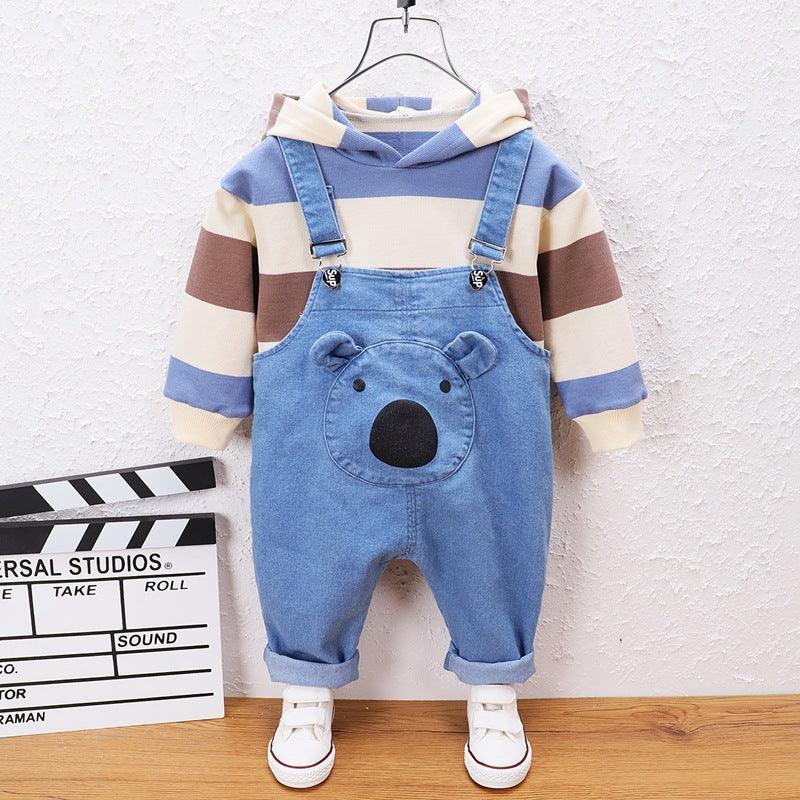 Children's Printed Striped Hooded Long Sleeved Sweater Denim Overalls - Amazitshop