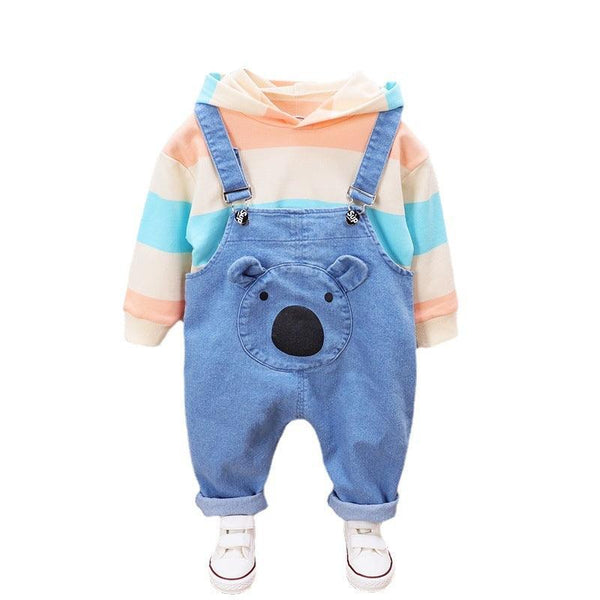 Children's Printed Striped Hooded Long Sleeved Sweater Denim Overalls - Amazitshop