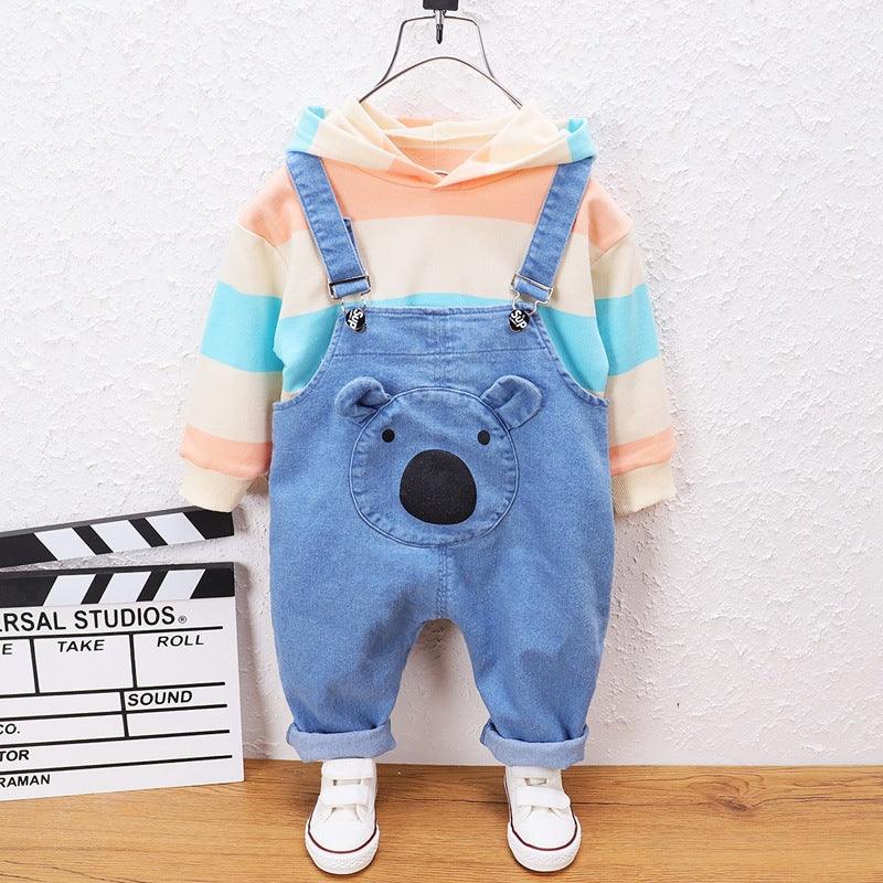 Children's Printed Striped Hooded Long Sleeved Sweater Denim Overalls - Amazitshop