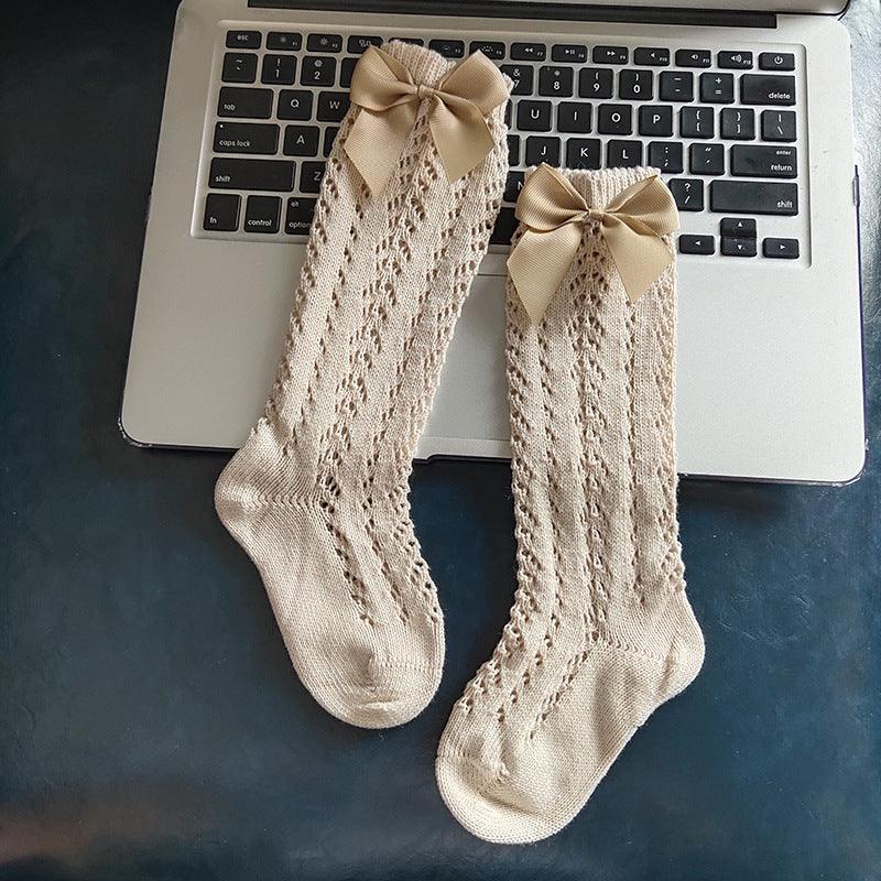 Children's Solid Color Mesh Bow Mid Length Socks With Removable Loops - Amazitshop