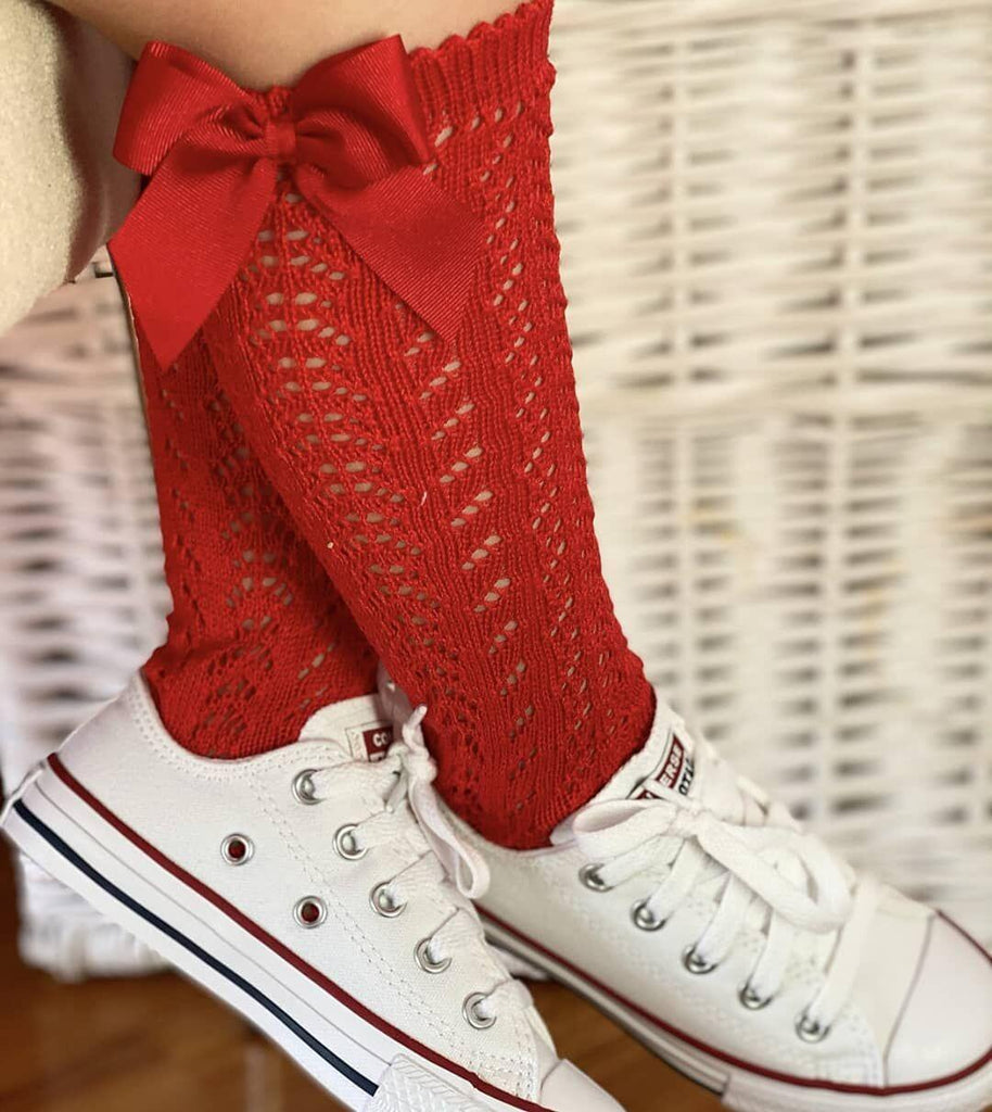 Children's Solid Color Mesh Bow Mid Length Socks With Removable Loops - Amazitshop