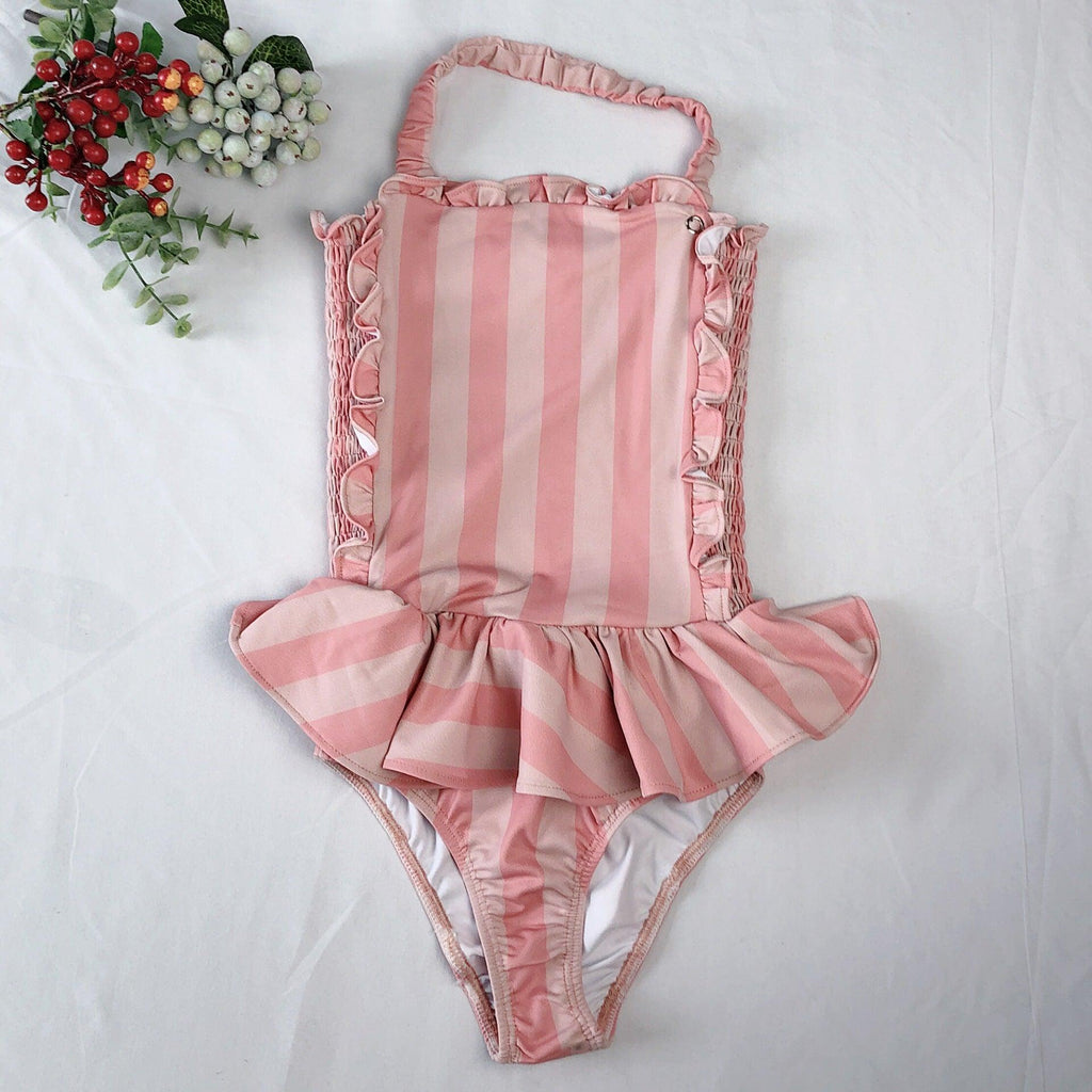 Children's Swimwear Ins Explosion Models Girls Siamese Striped Princess Wind Lace Swimsuit - Amazitshop