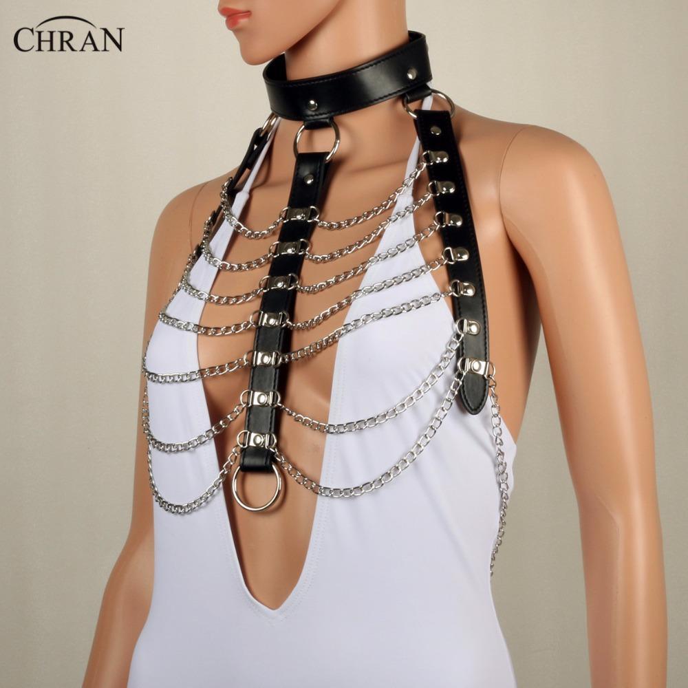 Chran Leather Harness Bondage Beach Chain Collar Goth Choker Shoulder Necklace Jewelry Accessories Erotic Lingerie Wear CRBJ821 - Amazitshop