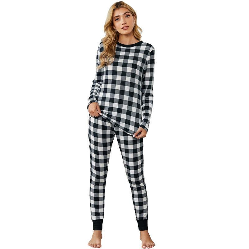 Christmas Long - sleeved Trousers Loungewear Suit Plaid Contrast Color Home Pajamas For Women - Amazitshop