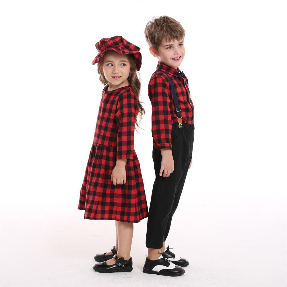 Christmas Sisters And Brothers Autumn Plaid Shirt Long Sleeve Bib Two Piece Set - Amazitshop
