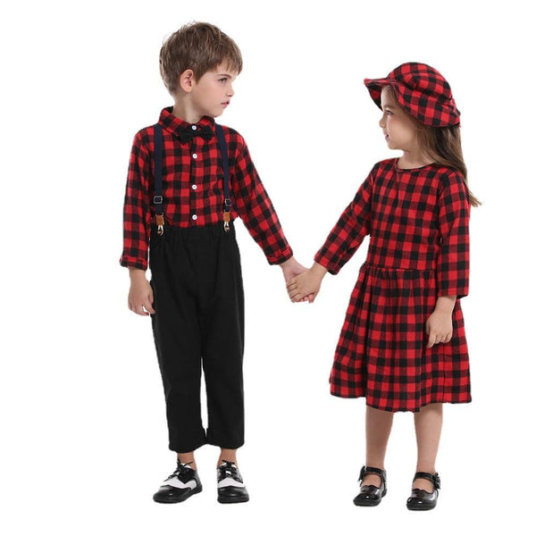 Christmas Sisters And Brothers Autumn Plaid Shirt Long Sleeve Bib Two Piece Set - Amazitshop