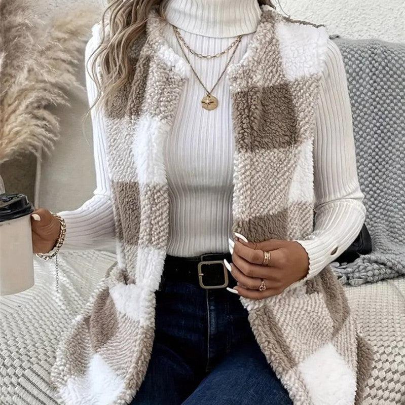 Coat Loose Plaid Color Stitching Knitted Cardigan Sweater - Amazitshop