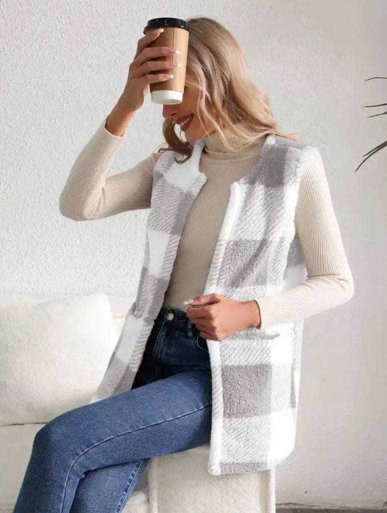 Coat Loose Plaid Color Stitching Knitted Cardigan Sweater - Amazitshop