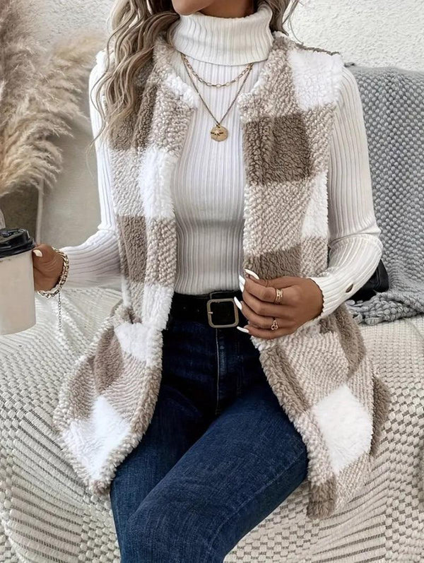 Coat Loose Plaid Color Stitching Knitted Cardigan Sweater - Amazitshop