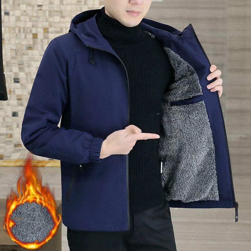 Coat Men's Autumn And Winter New Hooded Fleece - lined Thickened Solid Color Men's Jacket - Amazitshop